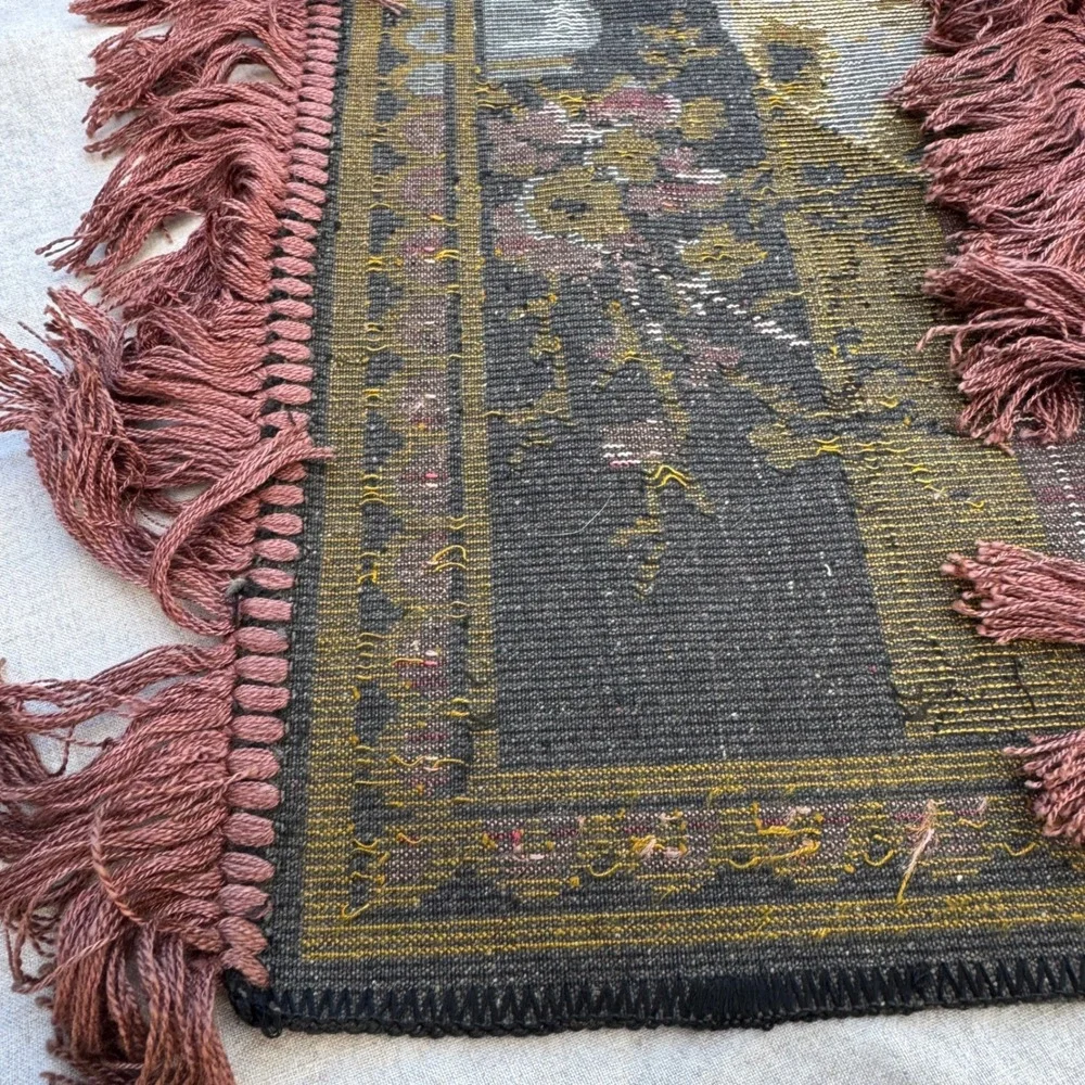Vintage Mid-Century 1950s 60s Velvet Tapestry Frinhe Cats Playing Chess Wall Rug